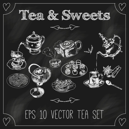 Japanese indian and classic english porcelai teapots teacups and sweets sketches composition set  blackboard chalk vector illustrationのイラスト素材
