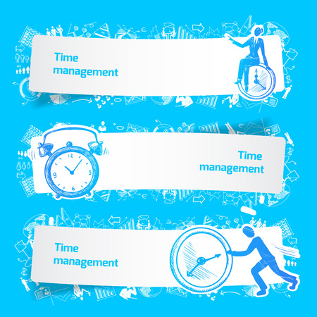 Time management set banners sketch with business people and alarm clocks isolated vector illustrationのイラスト素材