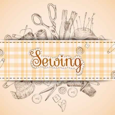 Sewing paper card with dressmaking accessories sketch background vector illustrationのイラスト素材