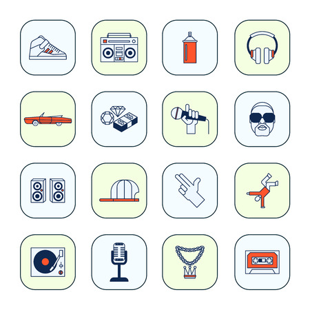 Rap music icons set with sneakers boombox headphones isolated vector illustrationのイラスト素材