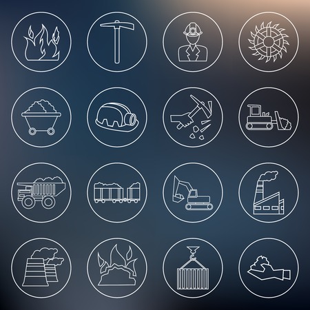 Coal machinery factory mining machinery outline icons set isolated vector illustrationのイラスト素材