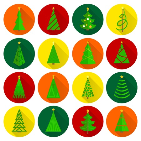 Christmas tree xmas celebration holiday flat round buttons icons set isolated vector illustrationのイラスト素材