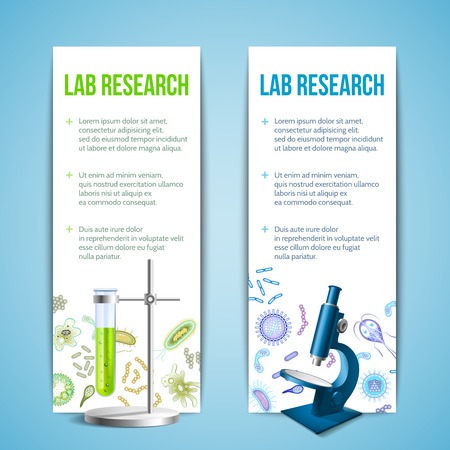 Bacteria and virus lab research vertical banners with test tube and microscope isolated vector illustrationのイラスト素材