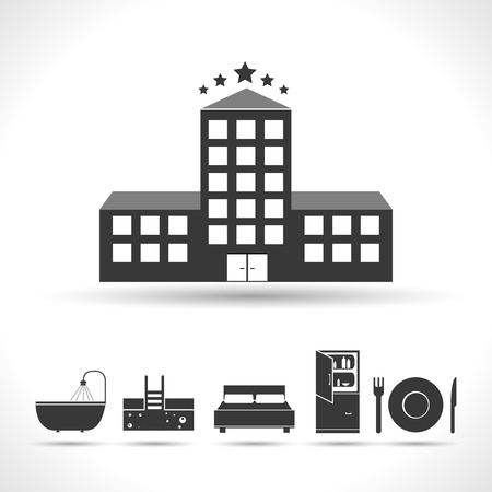 Five stars hotel concept with black amenities icons isolated vector illustrationのイラスト素材