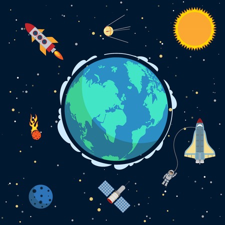 Earth in space poster with globe and spacecrafts and  satellites on orbit vector illustrationのイラスト素材