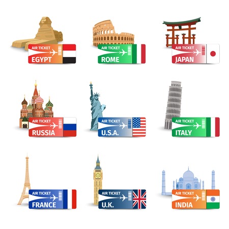 World famous landmarks with travel airplane ticket icons set isolated vector illustrationのイラスト素材