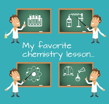 Scientists in chemistry science lesson with chalkboard set vector illustrationのイラスト素材