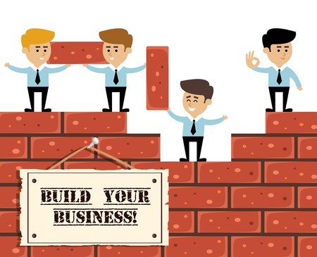 Build business concept with businessmen on brick wall construction vector illustrationのイラスト素材