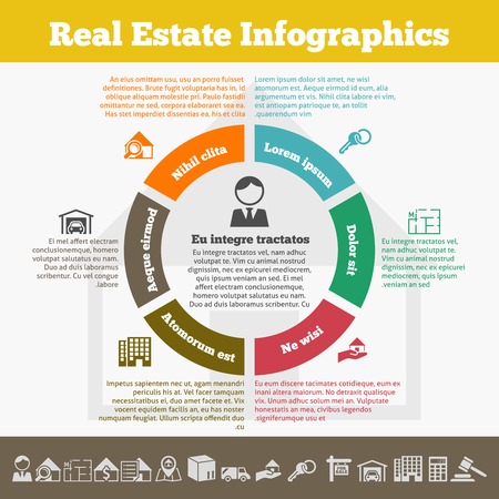 Real estate inforgaphic set with property icons and pie chart vector illustrationのイラスト素材