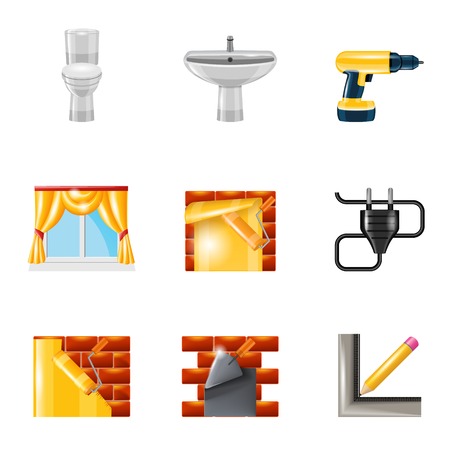 Home interior repair icons set with wallpaper roller trowel joiner isolated vector illustrationのイラスト素材