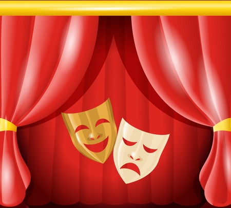 Theater happy and sad masks on red curtain background vector illustrationのイラスト素材