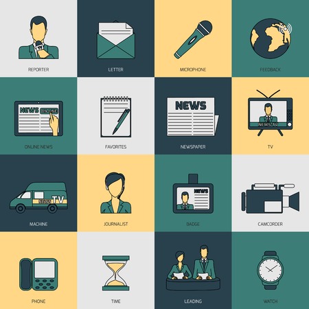 News media telecommunication network flat line icons set isolated vector illustrationのイラスト素材