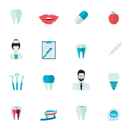 Dental health and caries teeth healthcare instruments dent protection flat icons set isolated vector illustrationのイラスト素材