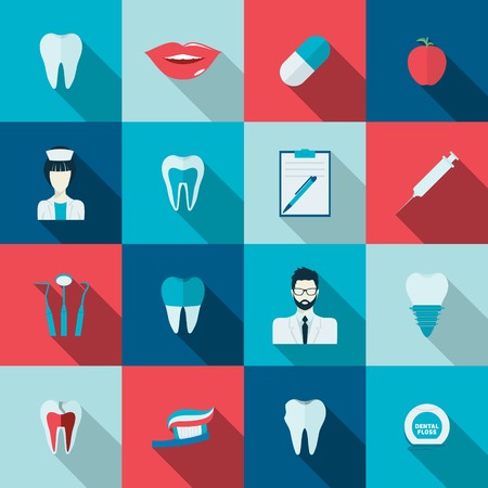 Teeth dental health flat icons set with nurse pulp dentist caries isolated vector illustrationのイラスト素材