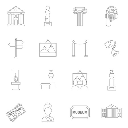 Museum art exhibition icons outline set isolated vector illustrationのイラスト素材