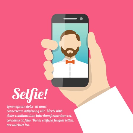 Selfie poster with man holding smartphone with self portrait picture vector illustration.のイラスト素材