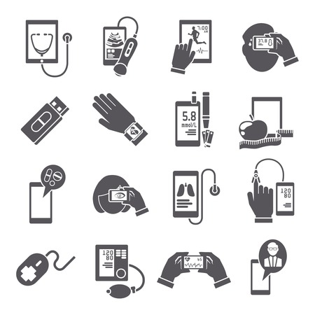 Mobile health pharmacy delivery computer diagnostics icons black set isolated vector illustrationのイラスト素材
