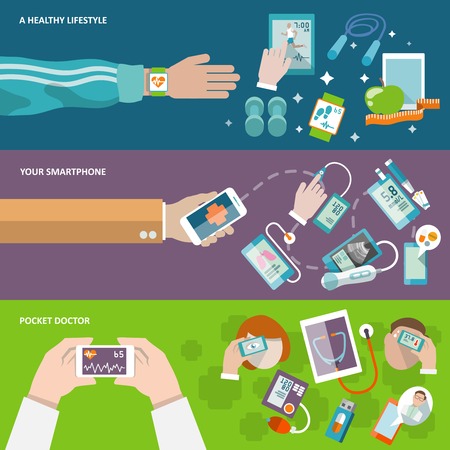 Digital health healthy lifestyle smartphone pocket doctor banner set isolated vector illustrationのイラスト素材
