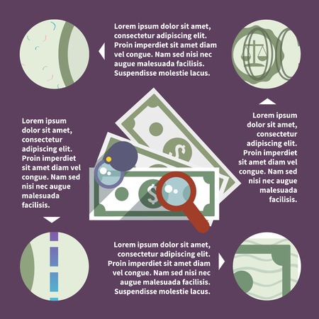 Magnifying glass zoom lloking on banknote money currency inspection poster vector illustrationのイラスト素材