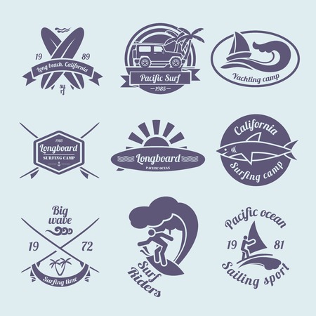 Beach longboard surfing summer yachting labels black set isolated vector illustrationのイラスト素材