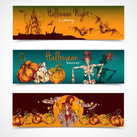 Halloween holiday celebration traditional colored spooky sketch banners horizontal set isolated vector illustrationのイラスト素材