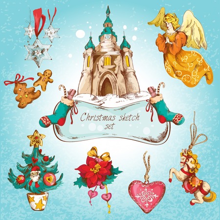 Christmas new year holiday sketch decorative icons colored set isolated vector illustrationのイラスト素材