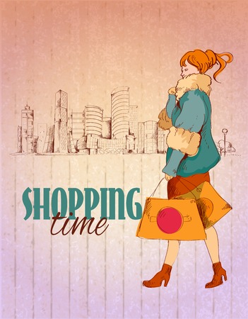 Shopping city poster with young woman and city background sketch vector illustrationのイラスト素材