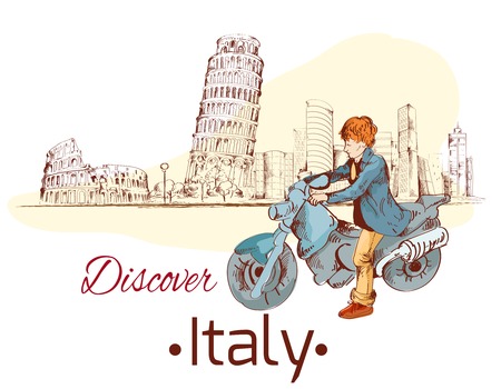 Discover Italy sketch poster with travel landmarks and person on motorcycle vector illustrationのイラスト素材