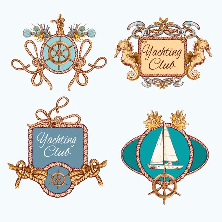 Yachting sea travel and sport decorative colored sketch emblems set with rope frames isolated vector illustrationのイラスト素材