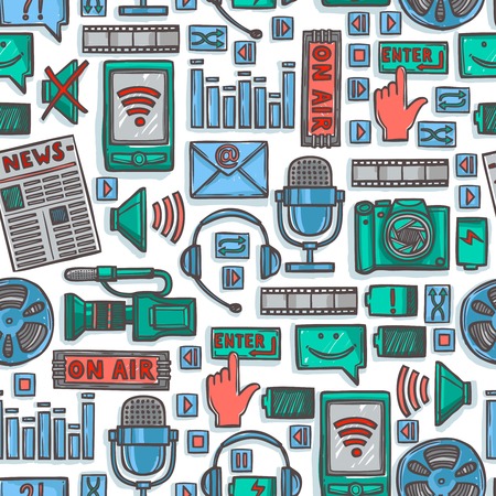 Media network communication technology advertising color sketch seamless pattern vector illustrationのイラスト素材
