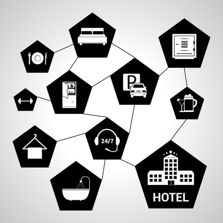 Five stars hotel concept with black hexagon services icons vector illustrationのイラスト素材