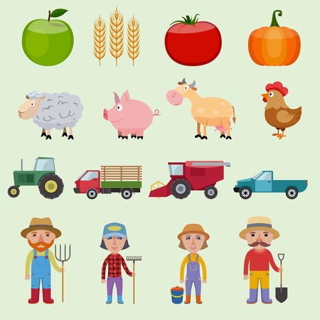 Farm agriculture icons set with food farmer animals and machines isolated vector illustrationのイラスト素材