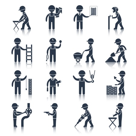 Construction worker people silhouettes icons black set isolated vector illustrationのイラスト素材