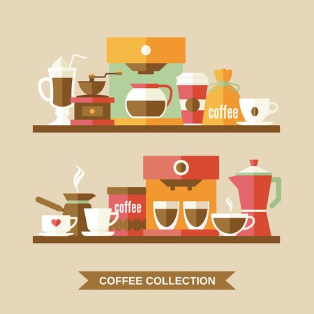 Coffee flat collection drink decorative icons on shelves vector illustrationのイラスト素材