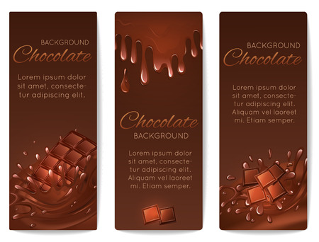 Sweets dessert food milk chocolate bars and splash drips vertical banners set isolated vector illustrationのイラスト素材