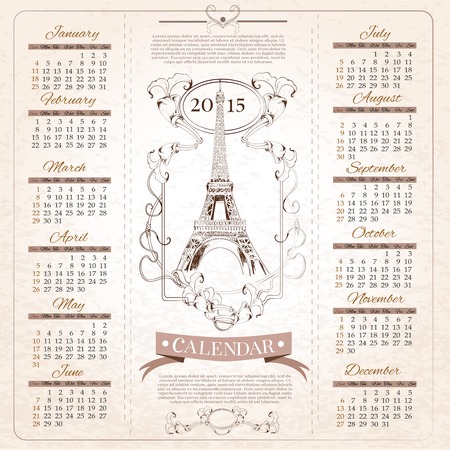 Retro months calendar for 2015 year with hand drawn paris eiffel tower design template illustrationのイラスト素材