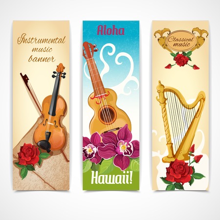 Musical instruments vertical decorative banners set with harp guitar and violin fiddle flowers isolated abstract illustrationのイラスト素材