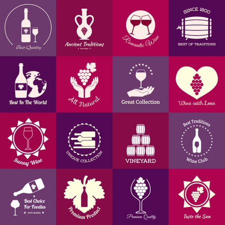 Wine emblems set of grape branch winery barrel isolated illustrationのイラスト素材