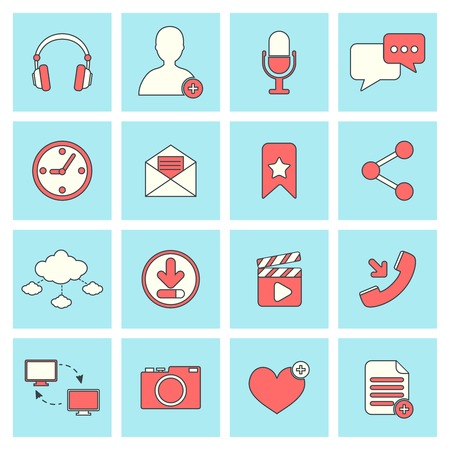 Social network icons flat line set with website elements isolated illustrationのイラスト素材