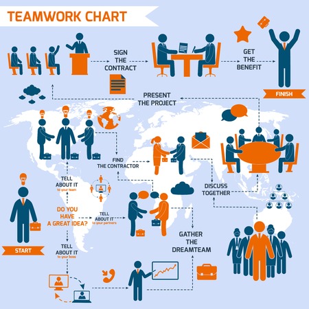 Teamwork infographic set with business process pictograms and world map illustrationのイラスト素材