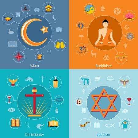 Religions icon flat set of islam buddhism christianity judaism symbols isolated illustrationのイラスト素材
