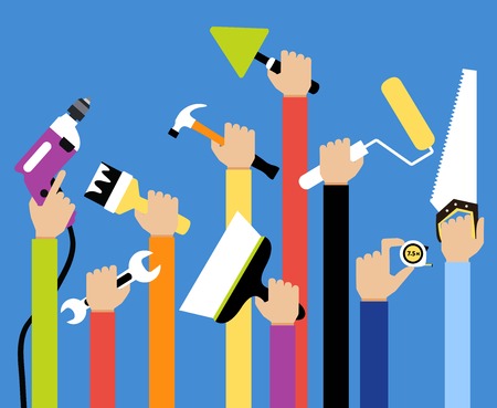 Hands with home repair diy renovation housework tools flat illustrationのイラスト素材