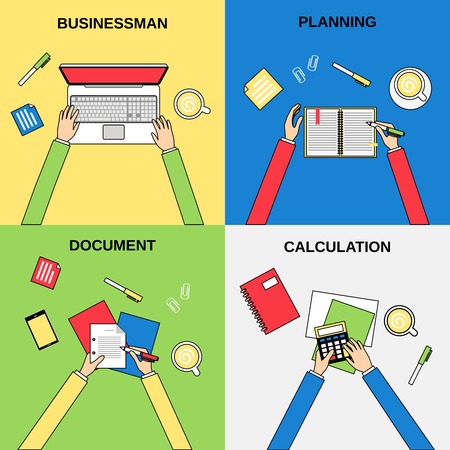 Business hands businessman planning document calculation flat line concepts set isolated illustrationのイラスト素材
