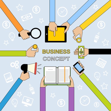 Business concept with human hands with money coin and paper cash book decorative icons illustrationのイラスト素材
