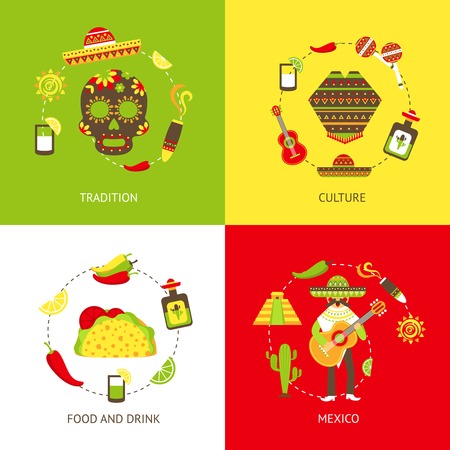 Mexico flat icons set with tradition culture food and drink isolated illustrationのイラスト素材