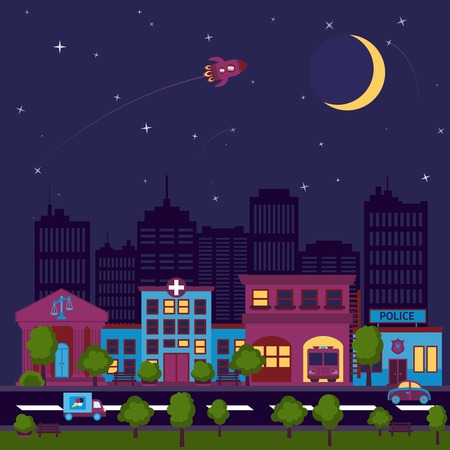 City street scape night background with buildings and stars and moon illustrationのイラスト素材