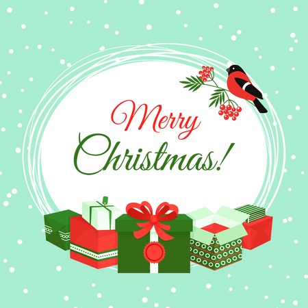Merry christmas postcard with holiday gift boxes and bullfinch bird illustrationのイラスト素材