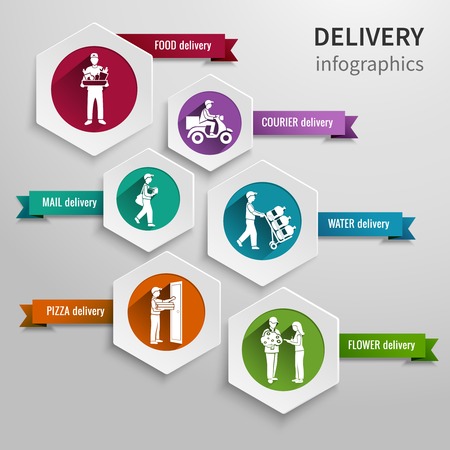 Delivery infographic set with hexagon food courier water flower pizza mail elements illustration.のイラスト素材