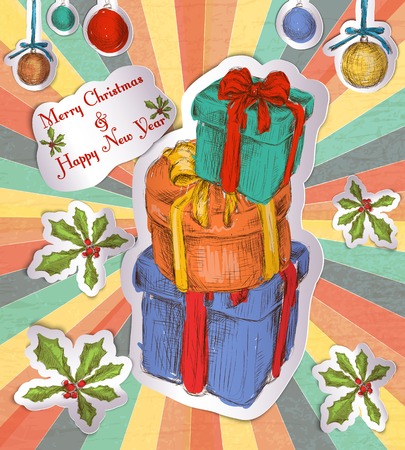 Christmas new year holiday celebration gift boxes paper sticker sketch set in stripes background illustrationのイラスト素材