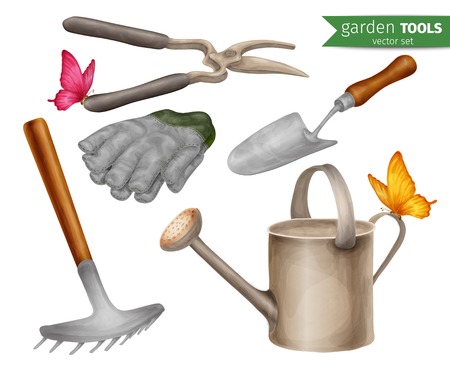 Garden tools farming agriculture equipment decorative icons set isolated illustration.のイラスト素材